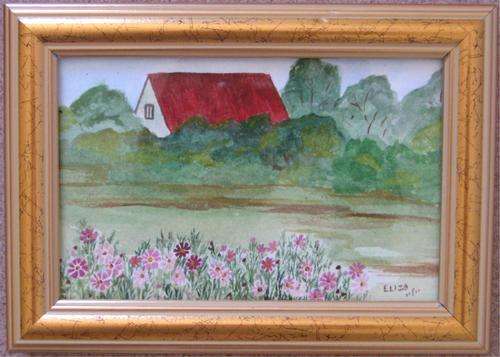 Red Roof behind the Cosmos Standing Frame 18cm x 13cm by Eliza