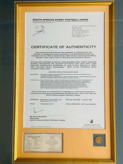 SPRINGBOK RUGBY Limited Edition Collage (99/400) & 1/10oz PROOF GOLD KRUGERRAND
