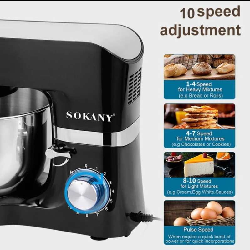 Sokany Powerful 1500W Stand Mixer with 10 Speed Adjustment & Overheat Protection