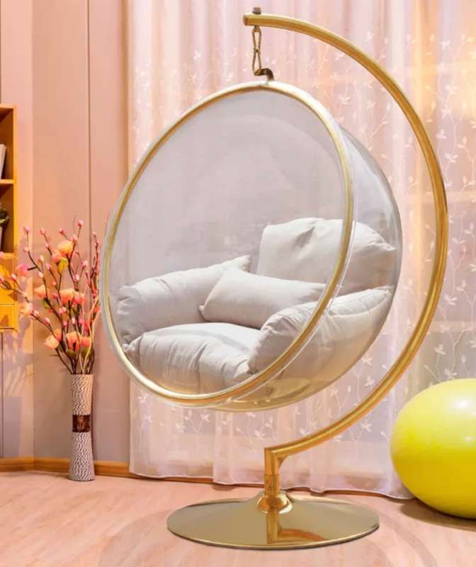Bubble Hanging Chair Clear Acrylic Accent Swing Chair with Gold/Chrome Stand and Durable Fabric Seat