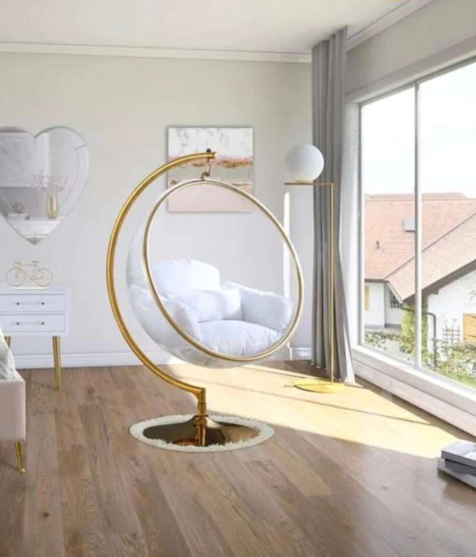Bubble Hanging Chair Clear Acrylic Accent Swing Chair with Gold/Chrome Stand and Durable Fabric Seat