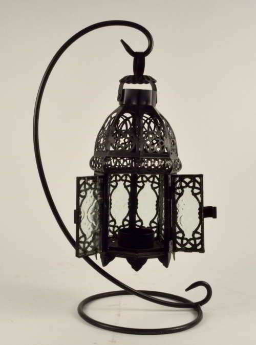 Tea Light Holder - Hanging Lantern on Stand - Black