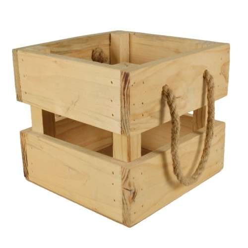 Wooden Planter / Crate with Rope Handle - 20.5cm x 20.5cm x 18.5cm