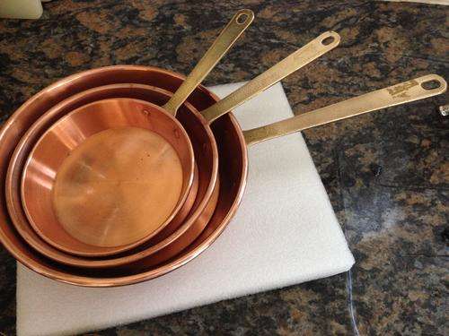 Vintage Copper Frying Pan Set, with Brass Handles.