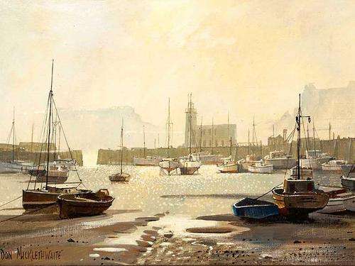 Fantastic Don Micklethwaite (British, born 1936) Signed Oil, Harbour Scene, (Art 34 x 52cm)