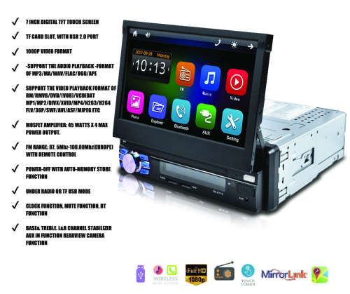 7 Inch 1 DIN Car Stereo Radio Auto MP5 MP4 MP3 DVD Player Retractable bluetooth Touch Screen USB AUX