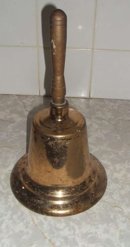 LARGE OLD SCHOOL BELL WITH WOODEN HANDLE