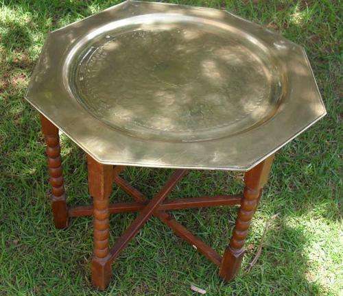 ANTIQUE BOBBIN LEGGED COPPER AND TEAK TABLE