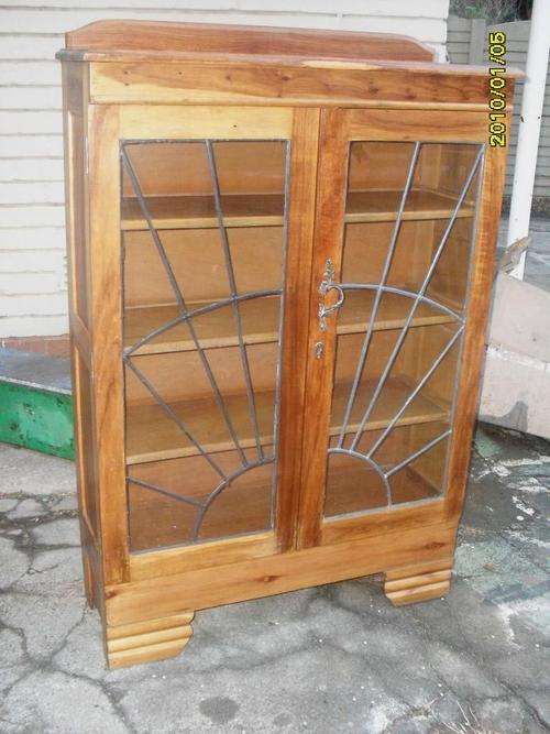 TEAK (?) DISPLAY CABINET WITH LEAD GLASS