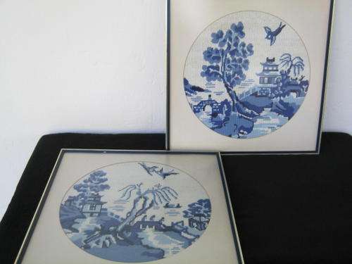 Two Tapestries Based on The Oriental Willow Pattern (+/- 44.5cm x 44.5cm)