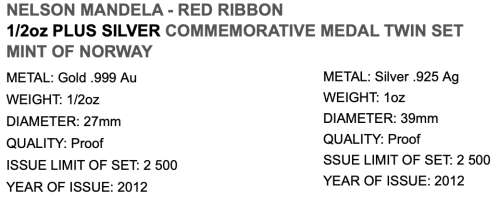 Mandela Red Ribbon 1/2oz gold plus silver commemorative medal twin set