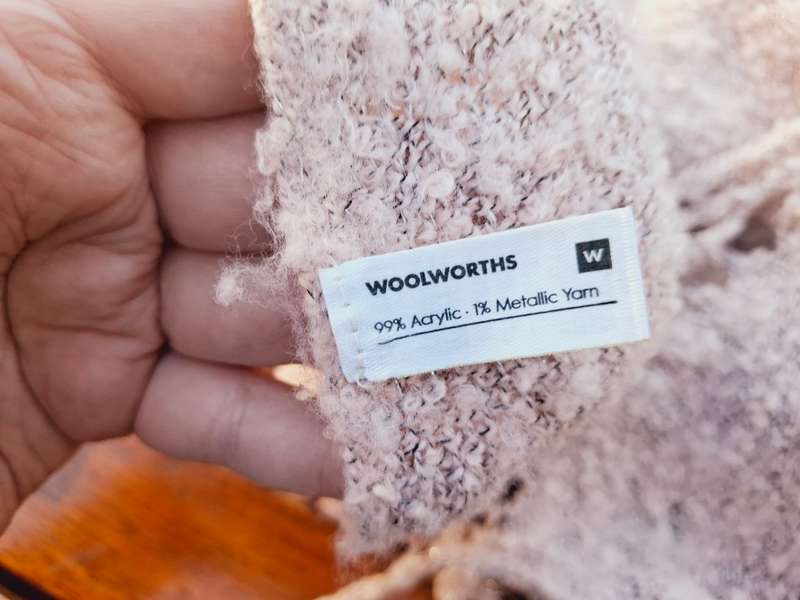 Woolworths light pink acrylic and metallic yarn scarf
