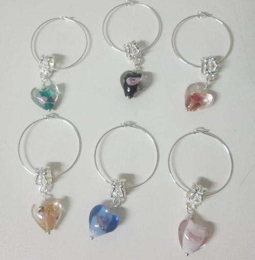 Wine glass ring charms - heart charms set