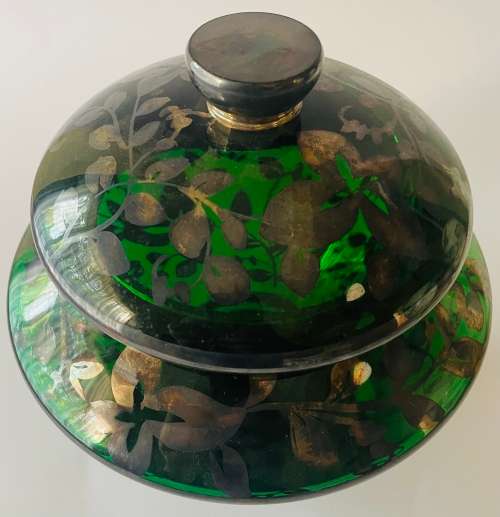 Italian Green Glass And Silver Overlay Bowl With Lid