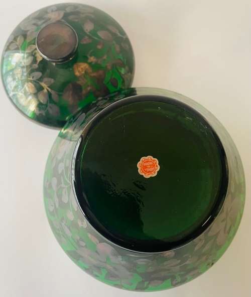 Italian Green Glass And Silver Overlay Bowl With Lid