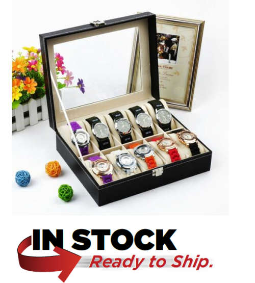 10 Grid Black PU Watch Display Collection Case Box Jewelry Storage Organizer : Perfect Timing