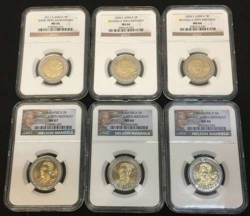 2008 S.Africa 5R Mandela 90th Birthday by NGC, 1 MS67, 5 MS66 .