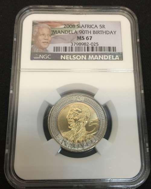 2008 S.Africa 5R Mandela 90th Birthday by NGC, 1 MS67, 5 MS66 .