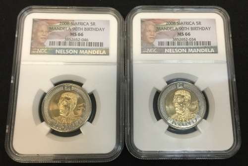 2008 S.Africa 5R Mandela 90th Birthday by NGC, 1 MS67, 5 MS66 .