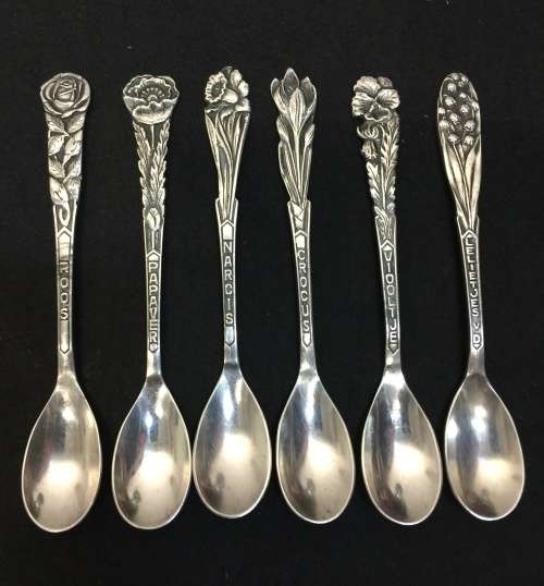 6X Antique Silver Plate Souvenir "  FLOWER " Spoon/4 1/2" - F-SOLA-90( 100g)