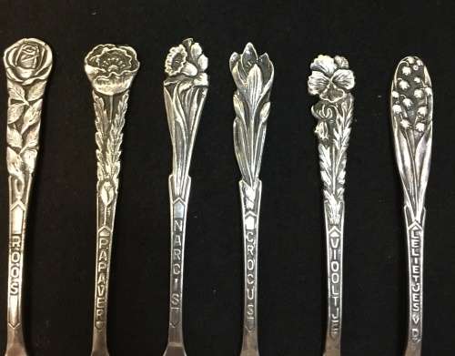 6X Antique Silver Plate Souvenir "  FLOWER " Spoon/4 1/2" - F-SOLA-90( 100g)