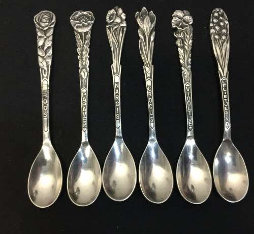 6X Antique Silver Plate Souvenir "  FLOWER " Spoon/4 1/2" - F-SOLA-90( 100g)