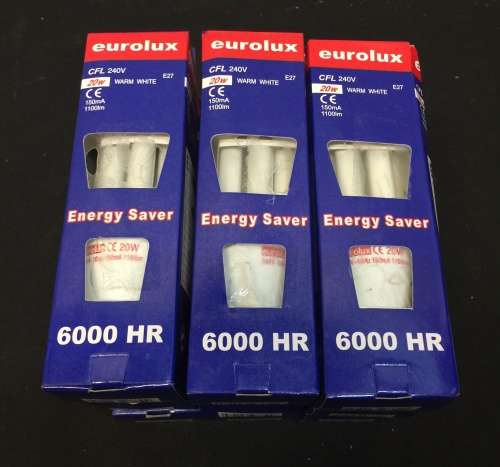 eurolux warm white 20w 240v  E27  50Hz Electronic Lamp, 9 Lamp For 1 Bid.