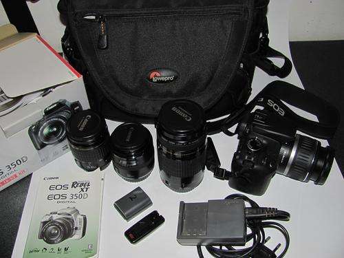 Canon EOS 350D EFS 18-55 Digital SLR Camera Kit plus three Canon lenses plus extras