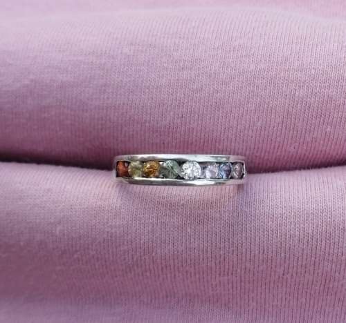 ### ETERNITY RING: Rainbow 9 Ct white gold ring with variety of genuine gemstones ###