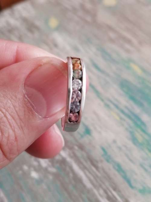 ### ETERNITY RING: Rainbow 9 Ct white gold ring with variety of genuine gemstones ###