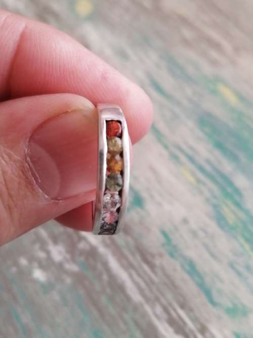 ### ETERNITY RING: Rainbow 9 Ct white gold ring with variety of genuine gemstones ###