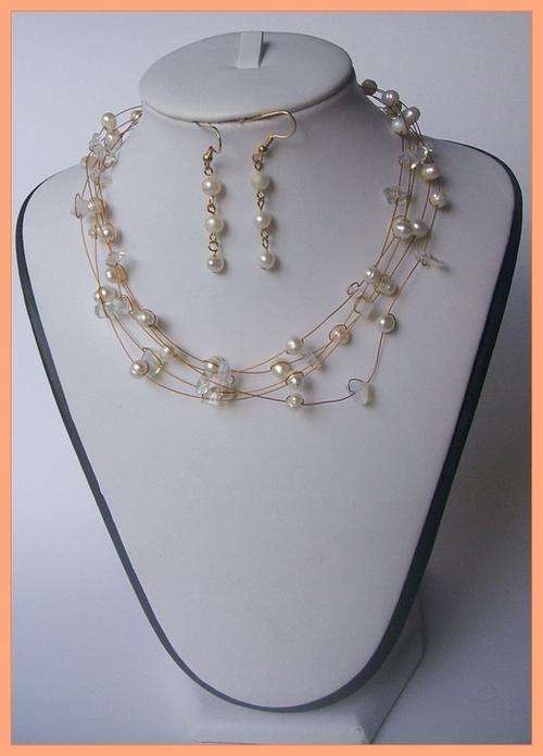 Genuine 5 strand white floating freshwater pearl necklace, free earrings!