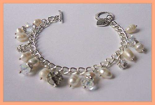 White Freshwater pearl and rhinestone ball toggle bracelet