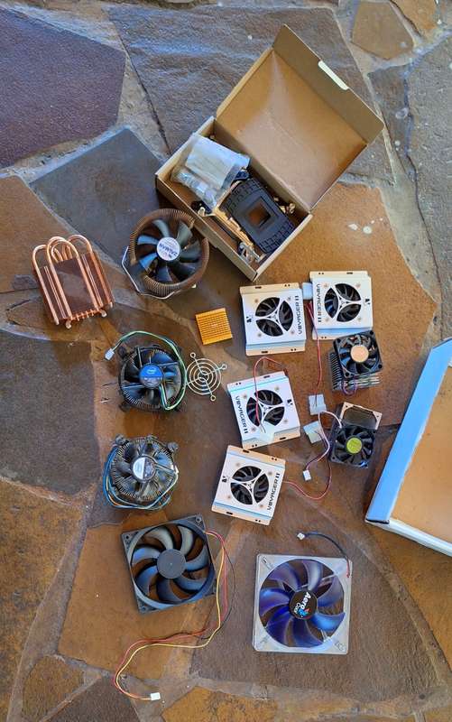 Collection of fans and heatsinks