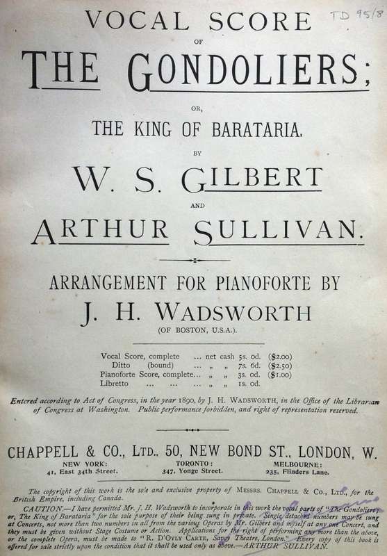 Vocal Score of The Gondoliers or The King of Barataria - Book signed by G Maskew Miller