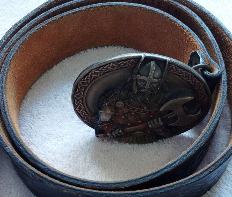 Custom made imported belt with heavy Viking buckle - BlueCeltic pattern on belt - Made In England
