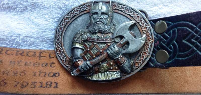 Custom made imported belt with heavy Viking buckle - BlueCeltic pattern on belt - Made In England