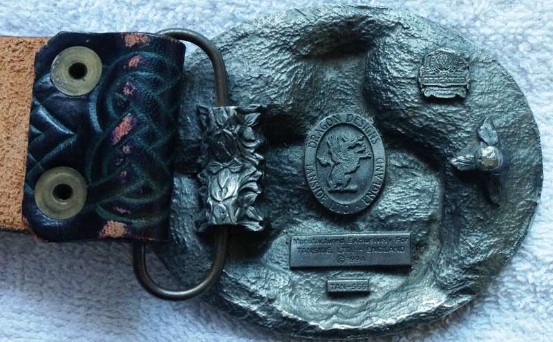 Custom made imported belt with heavy Viking buckle - BlueCeltic pattern on belt - Made In England