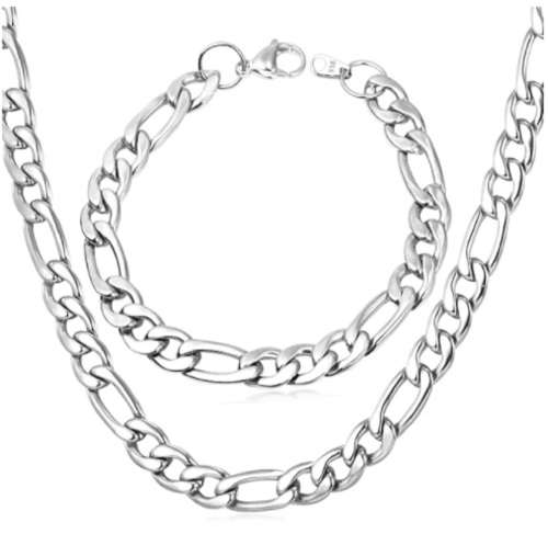 Solid Bulky Stainless Steel Figaro Men Necklace and Bracelet Set
