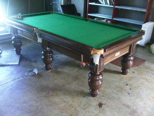 half size slate topped Union billiards complete with cues, snooker and pool balls