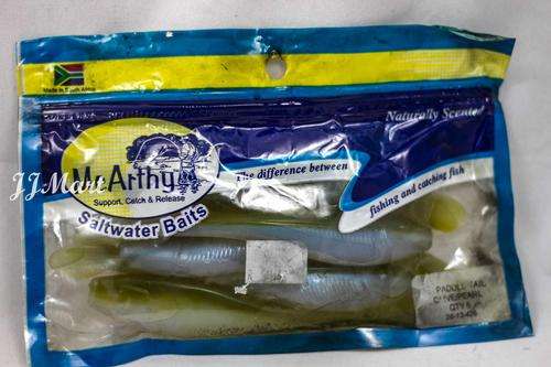 McARTHY SALTWATER BAITS 5" PADDLE TAIL OLIVE/PEARL QTY:6