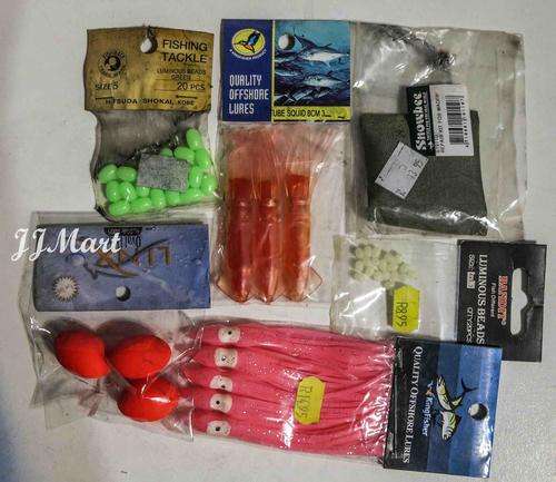 Lures, bait, wader repair kit, etc