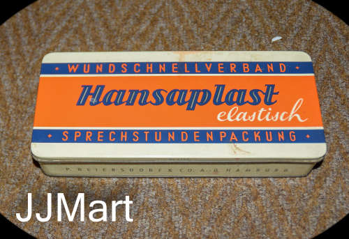 Vintage Hansaplast tin can-speech hour pack circa 1970 + Contents
