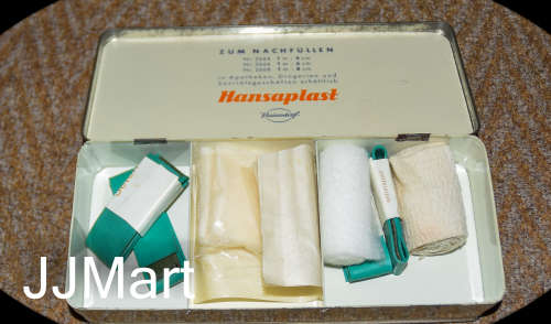 Vintage Hansaplast tin can-speech hour pack circa 1970 + Contents