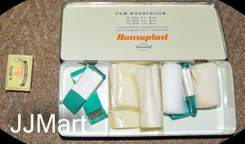 Vintage Hansaplast tin can-speech hour pack circa 1970 + Contents