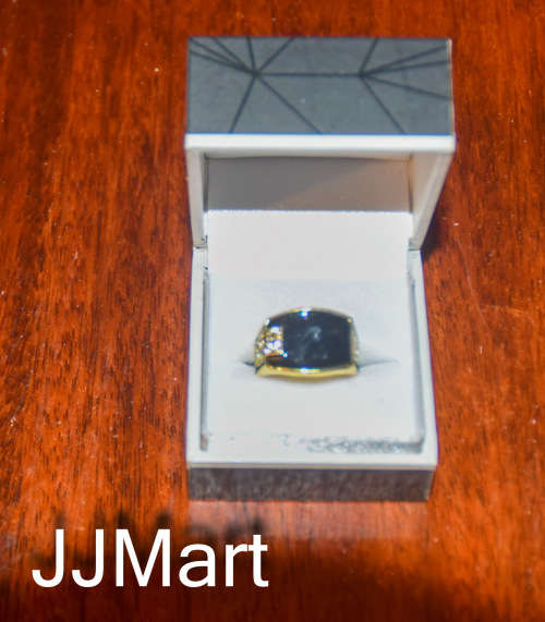 Costume Jewellery : Golden Ring with stones and black insert  - Size 5