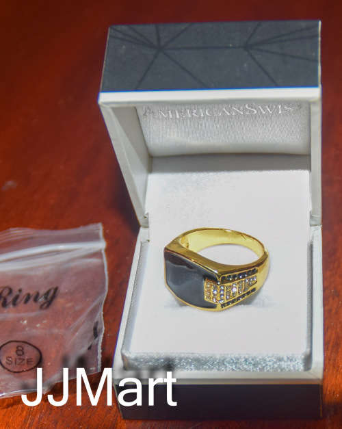 Costume Jewellery : Golden Ring with stones and black insert  - Size 8
