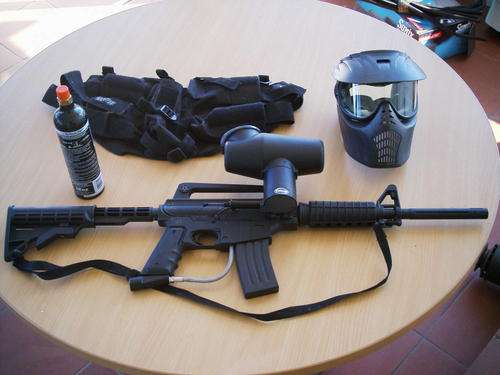 Bravo One Paintball Marker Kit e-trigger, LP Hopper, Co2,16" JJ Barrel, Mask, Pods, Harness