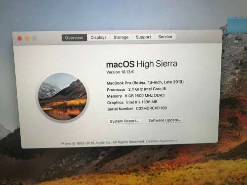MacBook Pro 13 inch,  8gigs Ram, 2.4Ghz up to 3.7Ghz speeds, 256 SSD HDdrive, Retina display