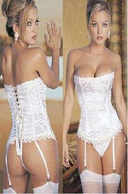 Hot White Brocade Corset, Bustier with matching G-String